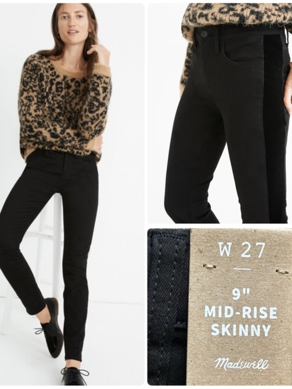 NWT Madewell Black Mid-Rise Skinny Jeans with Velvet Tuxedo Stripe Side Panel